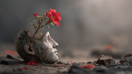 A red flower growing from a broken statue head, symbolizing hope, life, and imagination in surreal nature. 
