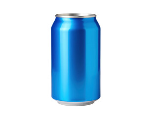 Shiny blue soda can with condensation droplets isolated on white background