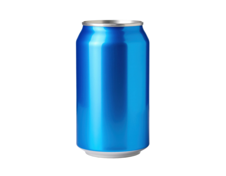 Shiny blue soda can with condensation droplets isolated on white background