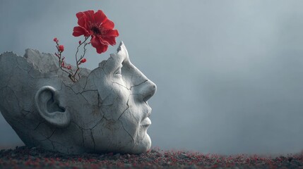 A red flower growing from a broken statue head, symbolizing hope, life, and imagination in surreal nature. 