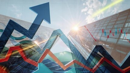 Large dark blue arrow climbing between towers in finance district, with teal, red graphs, sun flare - Powered by Adobe