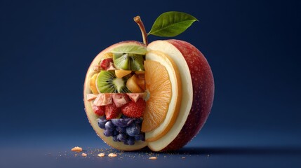 A GMO-themed concept featuring an apple with mixed fruit slices inside, exploring artificial and natural fusion. 