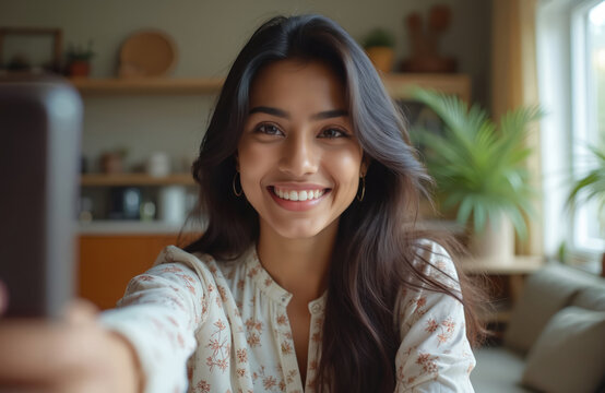 Smiling Indian woman takes selfie at home. Brunette girl with long hair, wearing casual outfit. Shows white teeth in front of smartphone camera. Smiling face creates positive emotion.