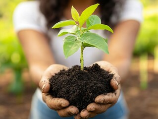 Woman's Hands Holding a Young Green Plant in Rich Soil