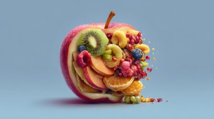 A GMO-themed concept featuring an apple with mixed fruit slices inside, exploring artificial and natural fusion. 