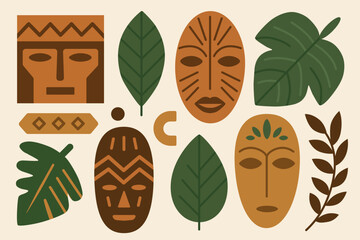 Ethnic tribal masks and tropical leaves in flat style. Perfect for posters, textiles, packaging, educational projects, cultural events, children’s books. Simple vector illustration. Hand drawn