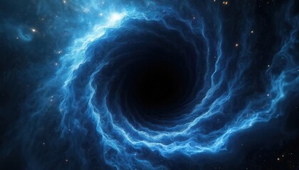 Abstract artwork depicts a swirling vortex in deep space. Intense blue nebula surrounds black hole center. Cosmic energy, sci-fi, technology and universe themes. Digital illustration.