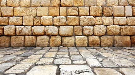 Fototapeta premium Ancient Stone Wall in Old City of Jerusalem, Textured Blocks and Cobblestone Path, Historic Landmark