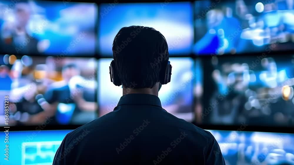 Aufkleber a person wearing headphones is facing multiple screens displaying various blurred images or data.