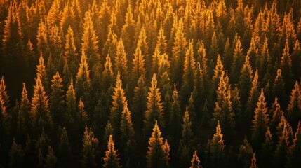 Unspoiled spruce forest in the warm light of the morning sun