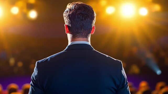 A person stands in front of bright stage lights, facing a crowd. The atmosphere suggests a presentation or performance.