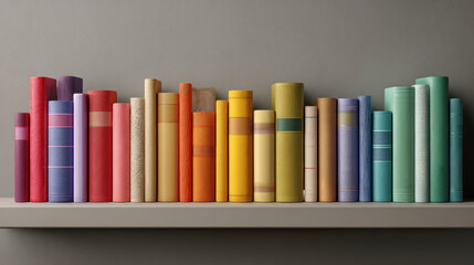 Fototapeta premium A vibrant shelf of books in a spectrum of colors, perfect for readers and home decor.