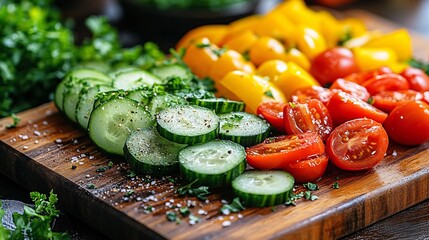 Sliced Cucumbers And Cherry Tomatoes On Wooden Board With Green Veggies And Yellow Tomatoes For A Healthy Salad Dish With Red Tomatoes And Other Fresh Produce For A Side Dish Or Appetizer, Great For