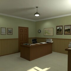 A vintage office interior featuring a desk and other furnishings