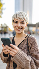 Young woman walking through town using a mobile
