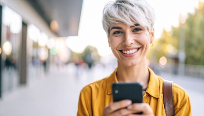 Young woman walking through town using a mobile
