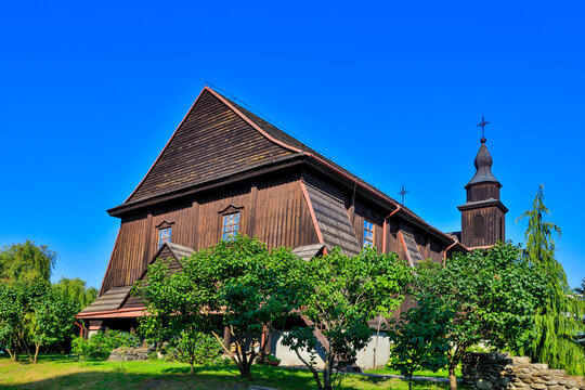 Ukraine Kovel Volyn region ruins wooden church on a cloudy winter day