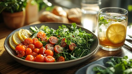 Vibrant Salad With Tomatoes, Cucumber, And Lemon On Rustic Tabletop featuring Fresh Ingredients and Natural Lighting. Healthy Simple Cuisine. Appetizing Plate with Vegetables. An Organic Fresh Food