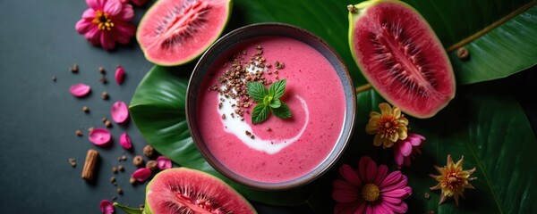 Pink guava soup in dark bowl with fresh tropical flowers, leaves. Healthy vegetarian food. Smoothie with fruits, greens. Freshness. Spa menu. Organic, vegan meal. Summer vibes.