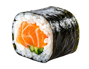 Single Salmon Maki Roll with Nori and Rice Texture, isolated on transparent background