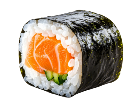 Single Salmon Maki Roll with Nori and Rice Texture, isolated on transparent background