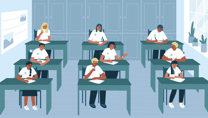 Students writing test exam in class. Education concept. Teenagers in lesson. Exam test. Test question. Vector illustration in flat style.