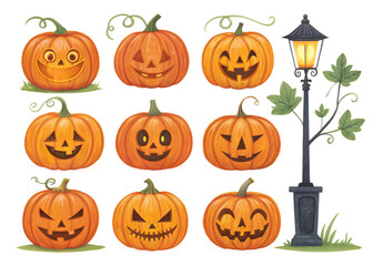 Collection of Carved Pumpkins with Lamp - Halloween Display