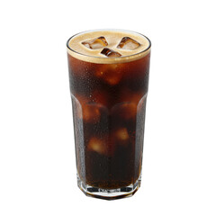 Refreshing iced coffee in a tall glass with condensation and ice cubes