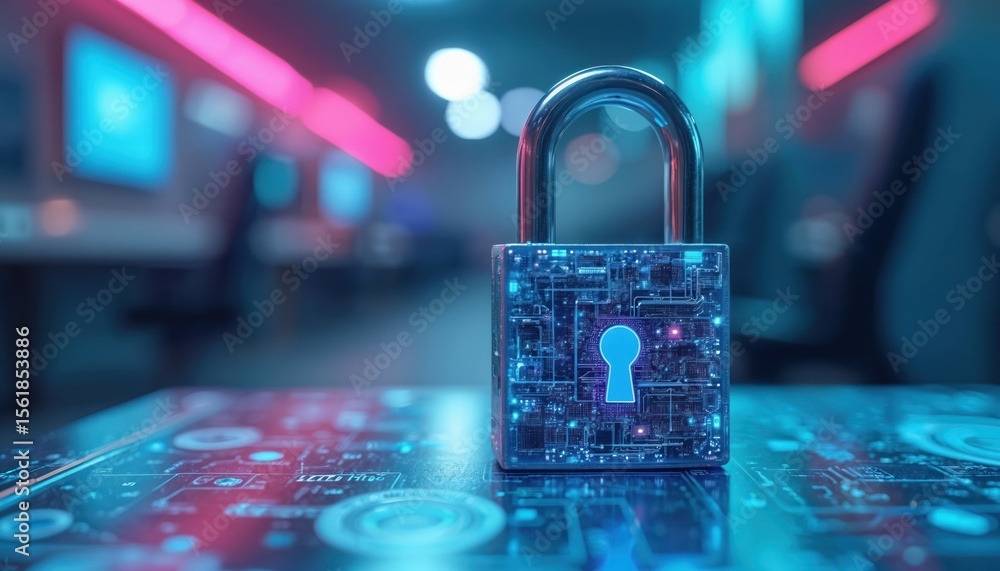 Poster cybersecurity lock design. digital security and data protection concept. symbol of secure access inf