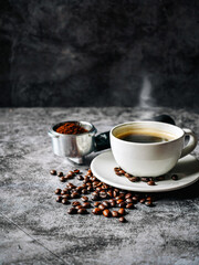 Aromatic Coffee cup and beans with ground coffee on Portafilter, Espresso coffee cup aromatic and...
