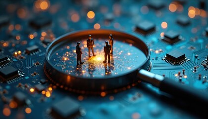 Magnifying glass reveals miniature people on circuit board. Digital investigation, network analysis, tech teamwork concept. Focus on innovation, future tech, information.