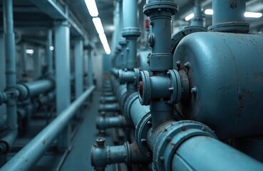 Obraz premium Industrial filtration equipment, partially dismantled filter system, metal pipes, valves in factory, plant. Technology, engineering, process, infrastructure, water treatment, oil filtration, air