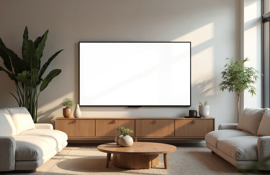 Modern living room mockup with large blank TV screen on wall. White screen for displaying content. Cozy interior design with sofa, wooden coffee table. Minimalist home decor concept. - Powered by Adobe