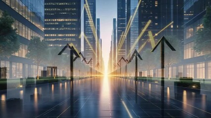 Emerging arrows pulsing and connecting on avenue, with horizon glow intensifying amid skyscrapers - Powered by Adobe