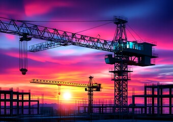 Construction cranes at sunset