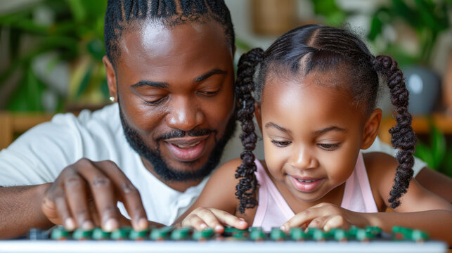 African American father and daughter engaged in playful learning, exploring a colorful keyboard together, fostering creativity and bonding in a bright, cheerful environment