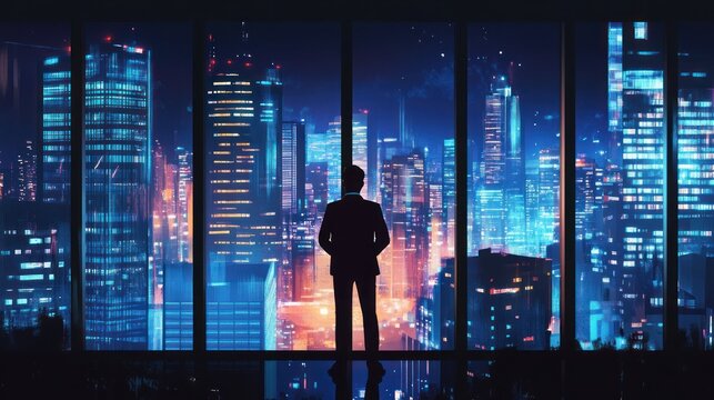 Man in suit looks at a futuristic cityscape at night from a large window.