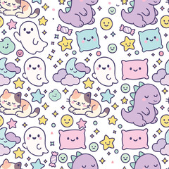 A charming seamless pattern in a Japanese kawaii style, featuring cute doodle characters like cats, ghosts, and dinosaurs. The dreamy pastel color palette makes it perfect for nursery decor or kids