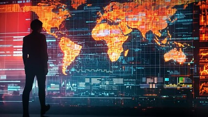 Silhouette figure observing global data on digital world map,  large screen,  modern interior - Powered by Adobe
