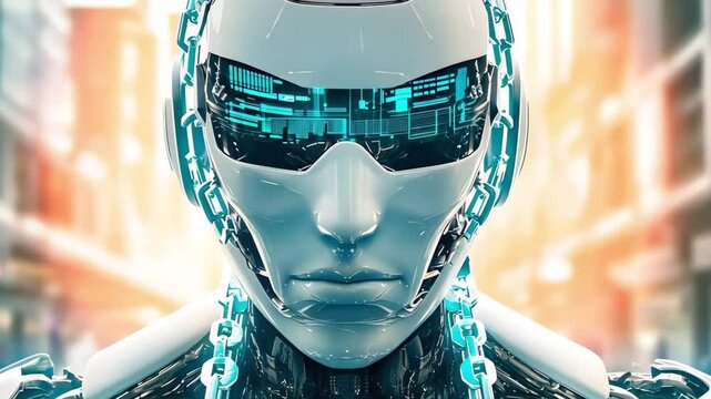 A futuristic robot with a sleek design, illuminated elements, and a serious expression, set against an urban backdrop.