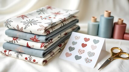 Stack of folded fabric with floral and snowflake patterns next to heart card and scissors