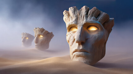 Naklejka premium Giant stone faces with glowing eyes emerging from desert sand