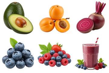 Mixed berries and fruits including avocado, apricot, and smoothie  
