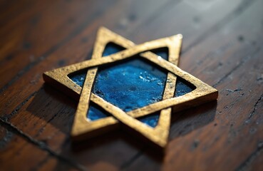 Blue and gold Star of David symbol on wooden table. Jewish emblem of faith, judaism, religion, hebrew culture, spirituality, israel. Religious theme for holidays, events.