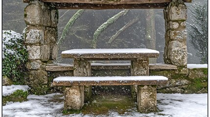 A snow covered stone picnic table in a peaceful forest setting