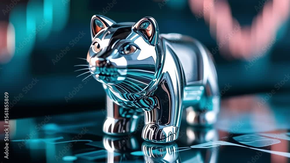 Poster a shiny, metallic cat figurine placed on a surface with abstract, colorful patterns in the backgroun