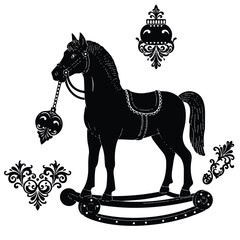 Classic black toy horse with Victorian details and decorative parts laid around, silhouette vector style Adobe Illustrator Artwork