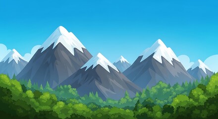 Naklejka premium Majestic Snow-Capped Mountains and Lush Green Forest Landscape Illustration