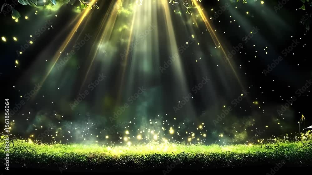 Poster a magical, illuminated forest scene with rays of light filtering through leaves, creating a mystical