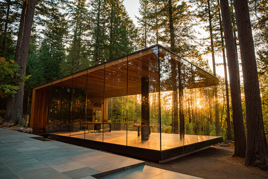 Angular glass-walled pavilion with wooden accents positioned at the edge of a forest clearing, photographed at golden hour with warm reflections
